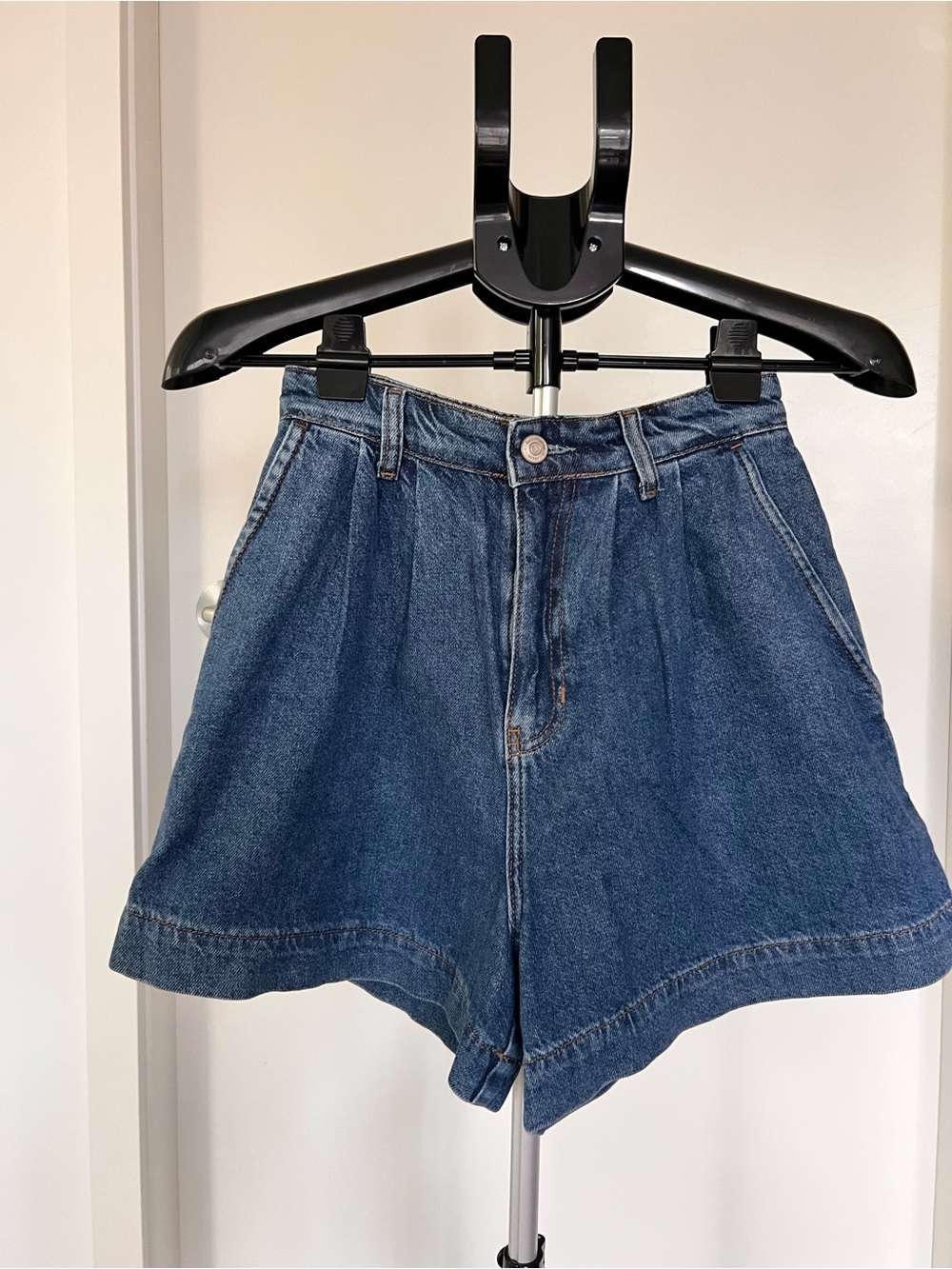 Reformation Dark Blue Pleated High-Rise Jean Shorts